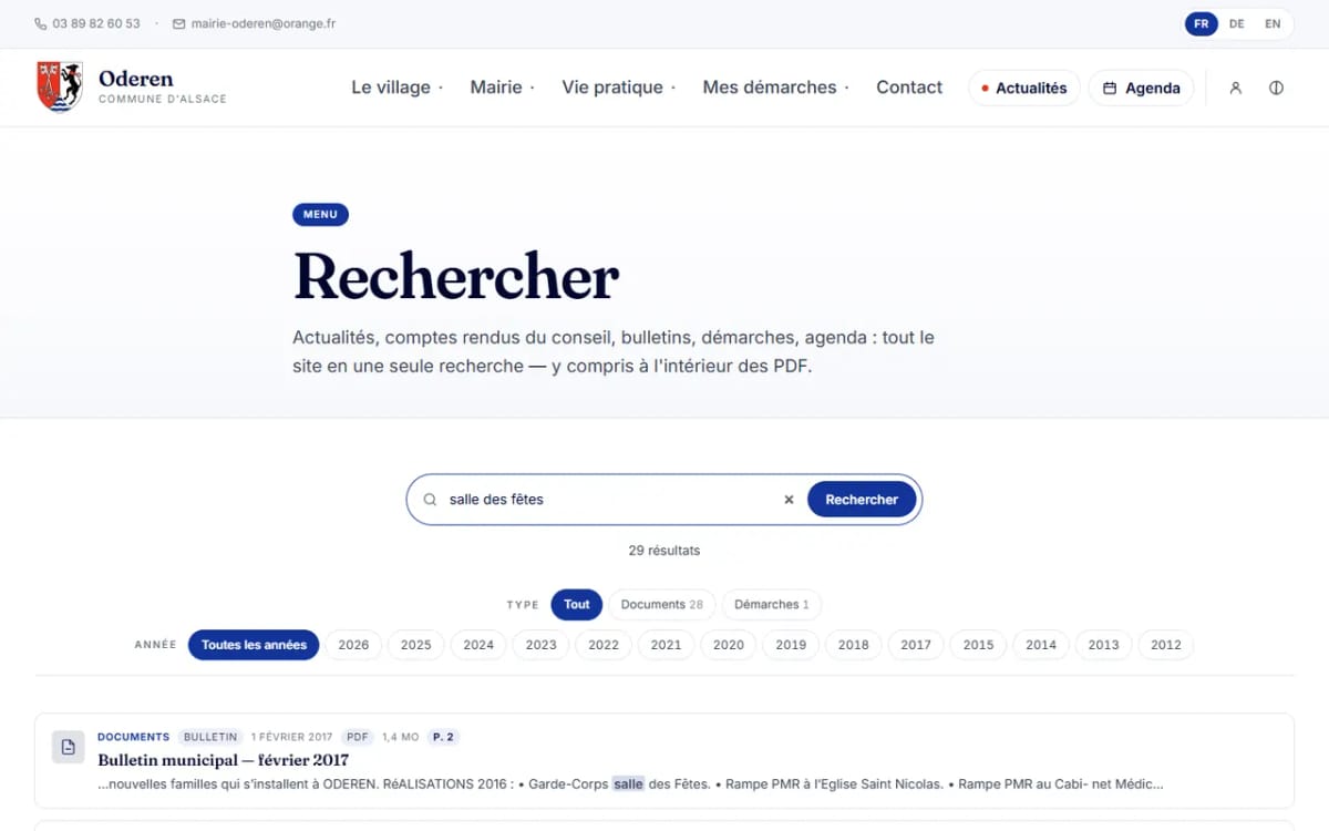 Capture d'écran d'oderen.live : une recherche jusque dans les pdf
