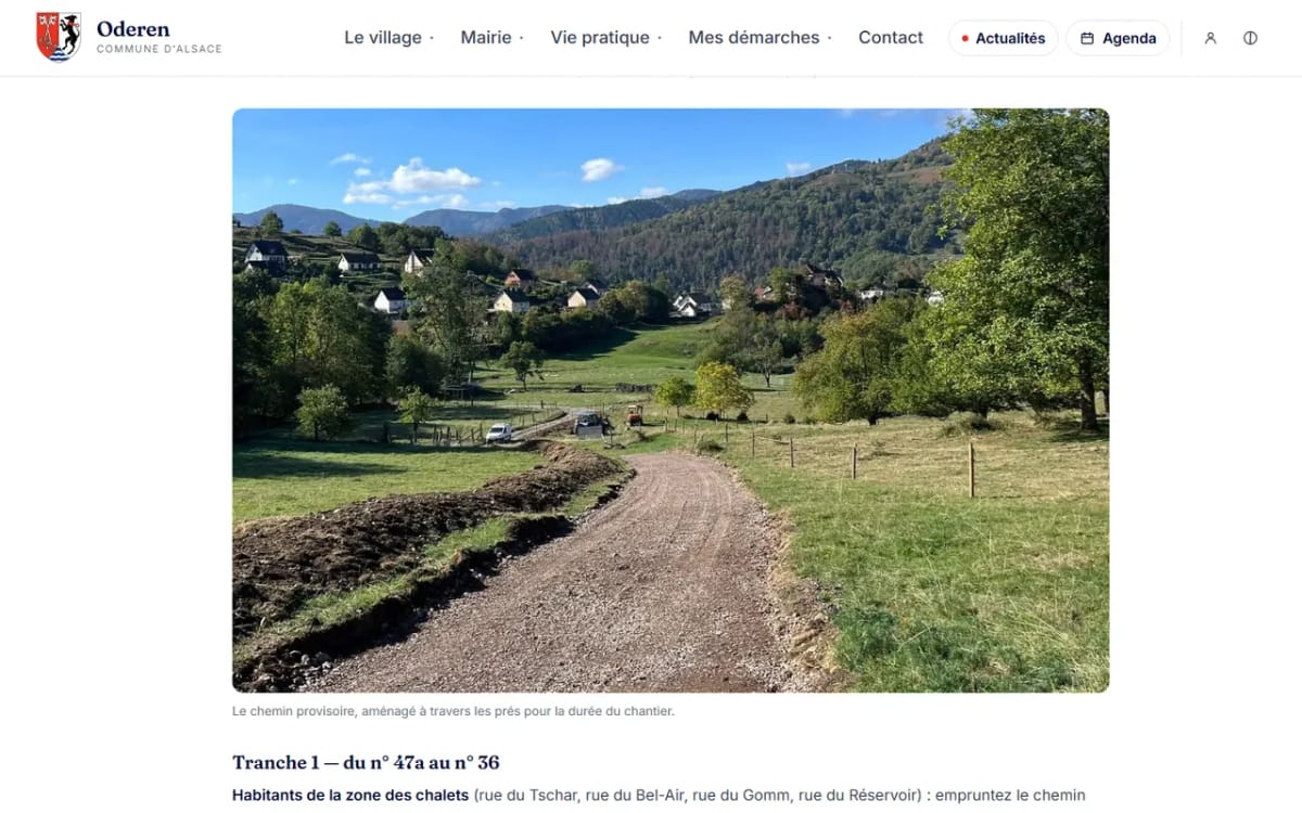 Capture d'écran d'oderen.live : travaux et déviations