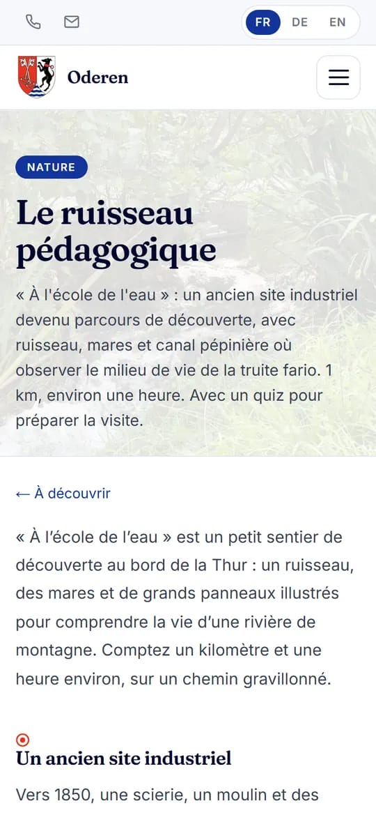 Capture d'écran d'oderen.live sur téléphone : une page de lieu, lisible sans zoomer